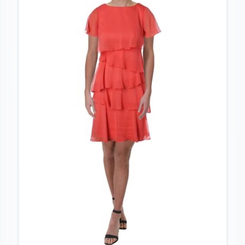 Tahari ASL Women’s Coral Tiered Flutter Sleeve Dress Sz 10P